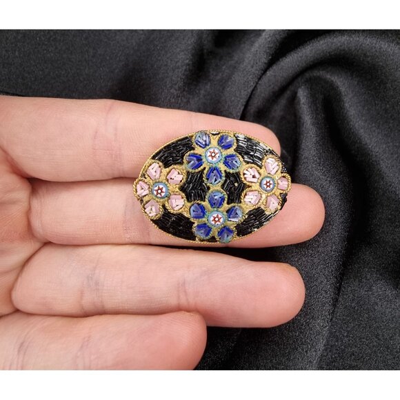Rare Find Vintage 1940s Italian Signed Micro Mosaic Floral Oval Brooch - Picture 4 of 5